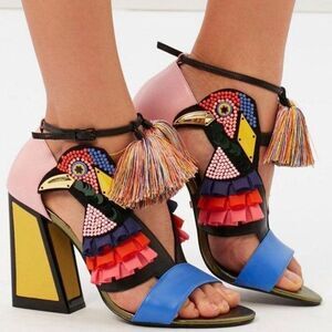 KAT MACONIE Aya Bird Ruffle Sequin Heeled Sandal Block Heel Multicolor Leather
